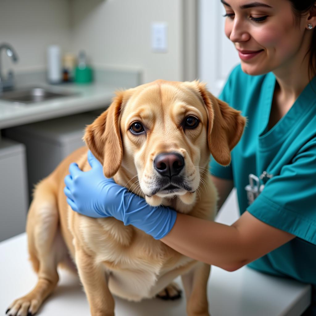 A dog comfortably receiving treatment at Palmetto Animal Hospital