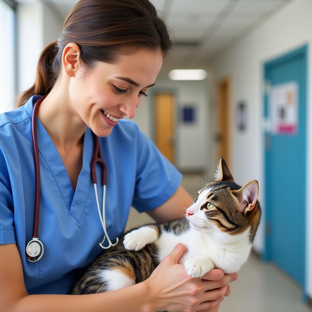 A caring veterinarian interacting with a cat at Palmetto Animal Hospital