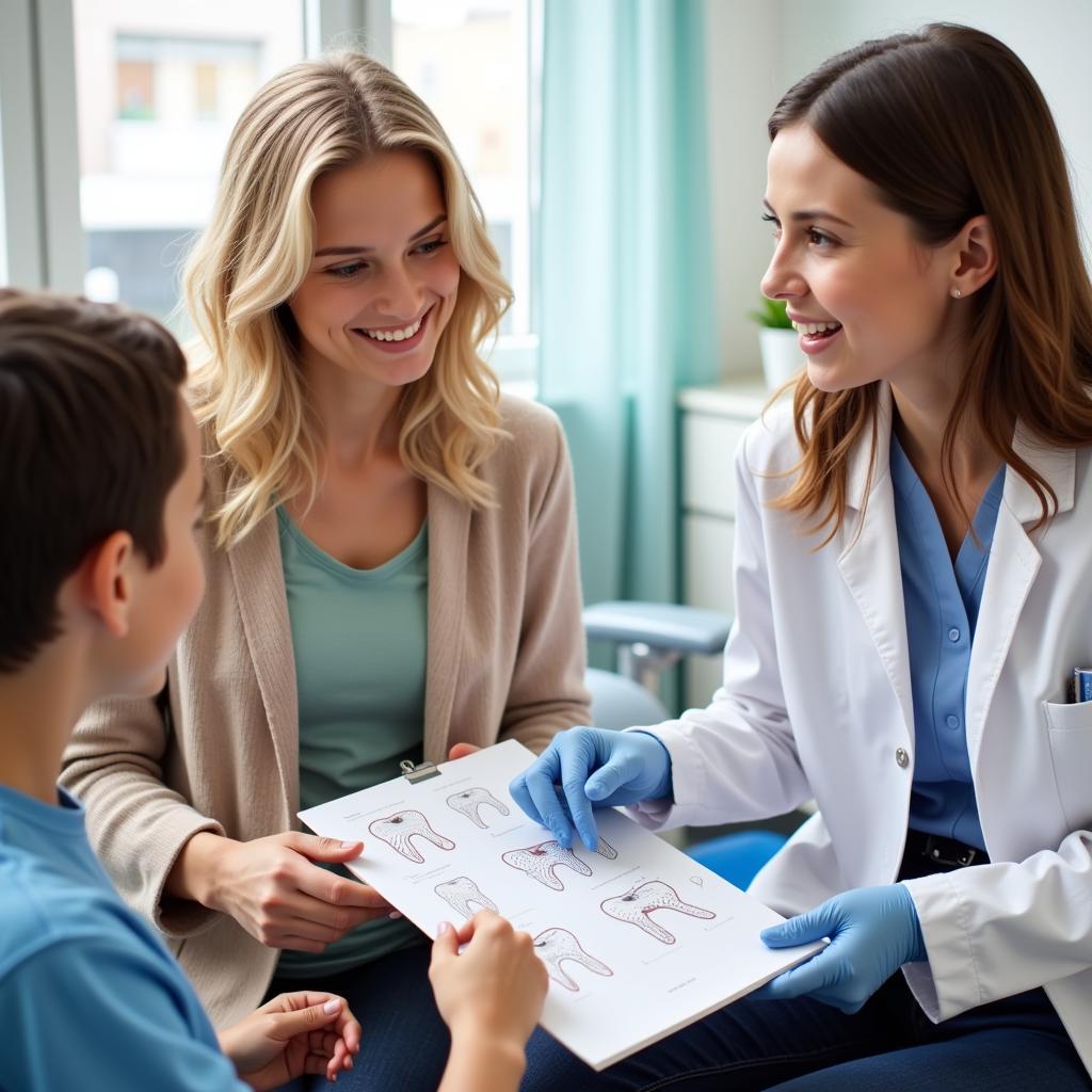 Parent and child talking to dentist