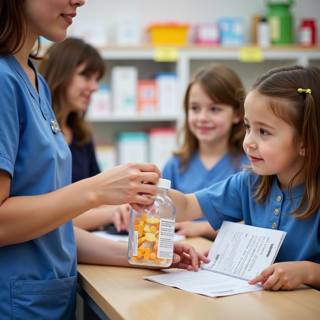 Parent Receiving Prescription at Children's Hospital Pharmacy