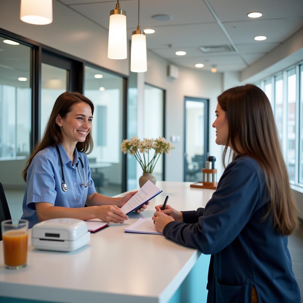 A patient checking in at the reception desk of a community hospital outpatient lab