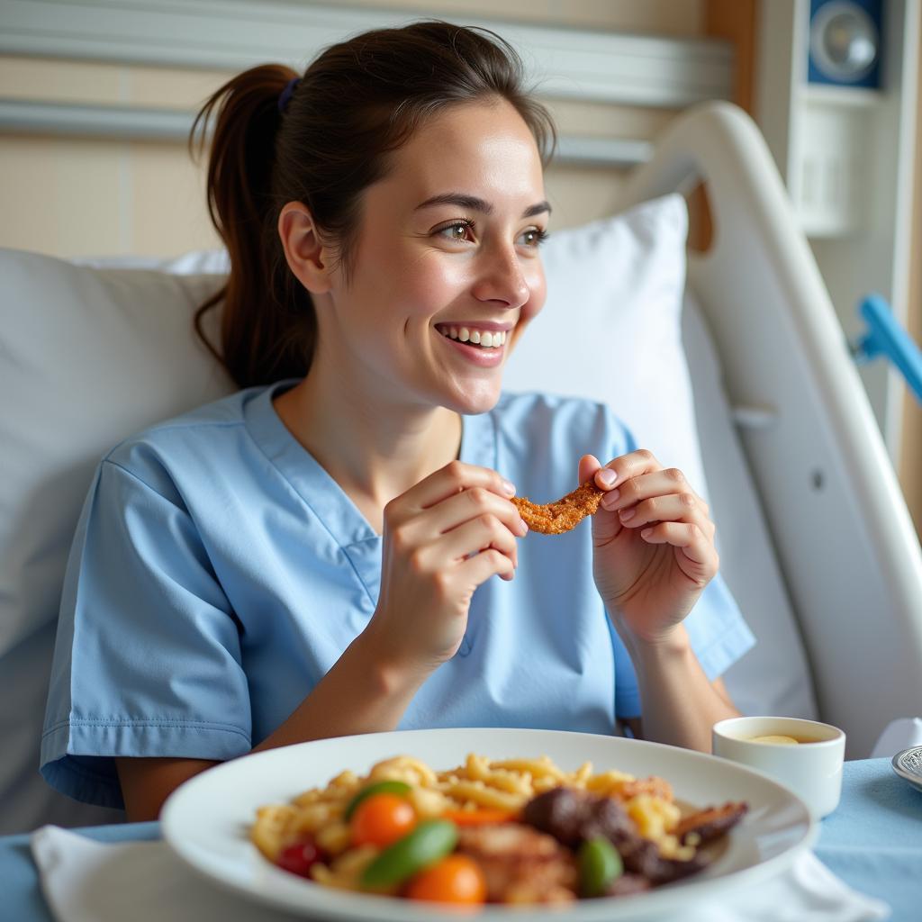 Patient Enjoying Meal in Hospital Bed