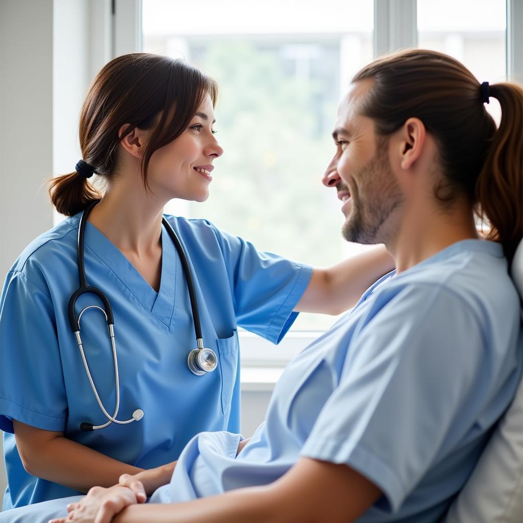 A nurse comforts a patient in a hospital bed, highlighting the importance of compassionate care.