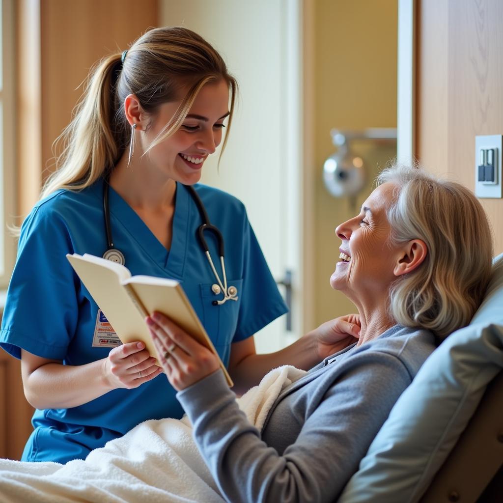 A volunteer interacting with a patient at Pomona Valley Hospital