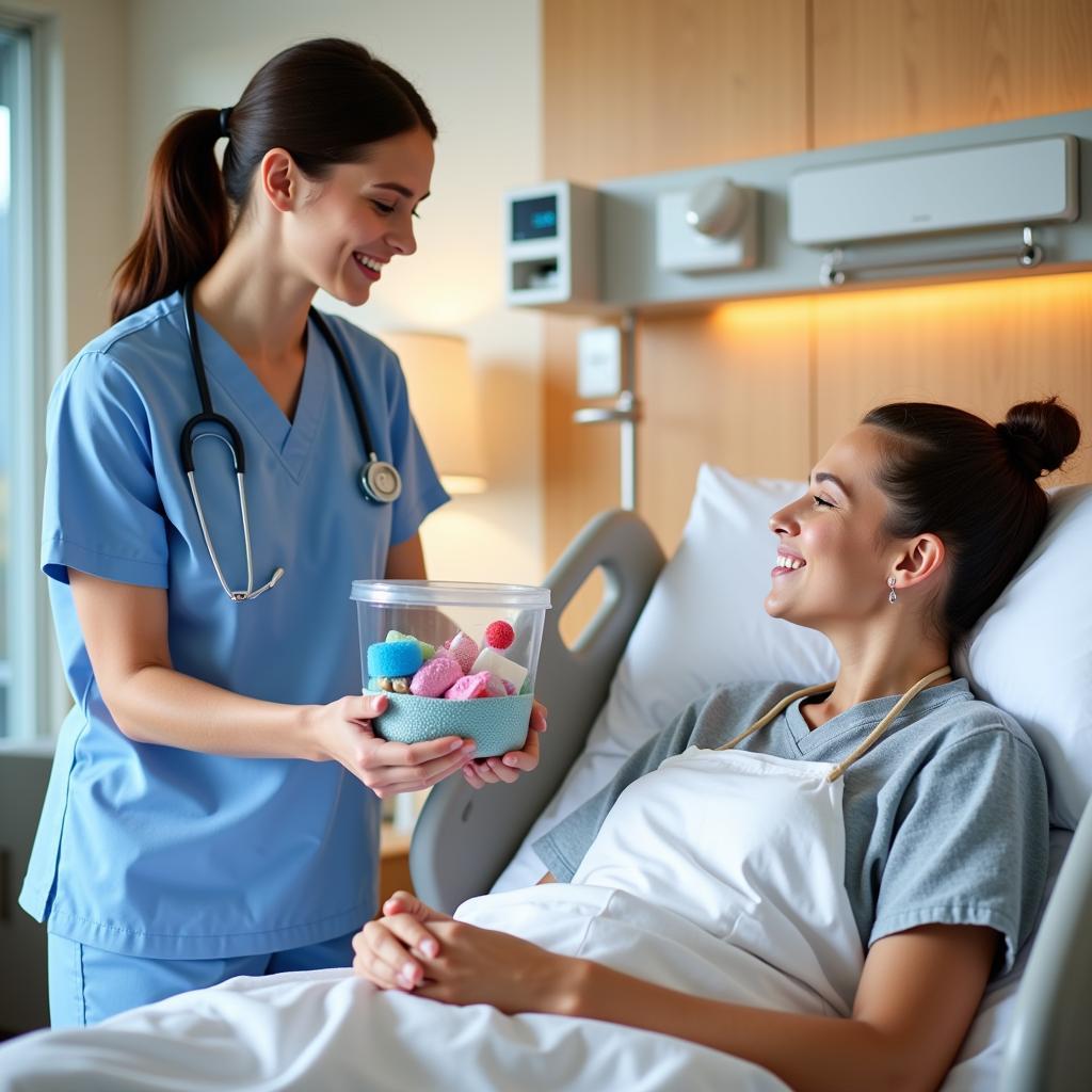 Patient receiving comfort items from the cart