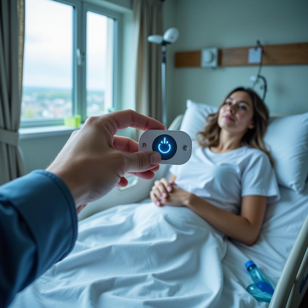 Patient Using Call Button in Hospital Bed