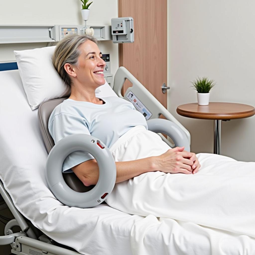 A patient comfortably using a halo safety ring while sitting up in a hospital bed.