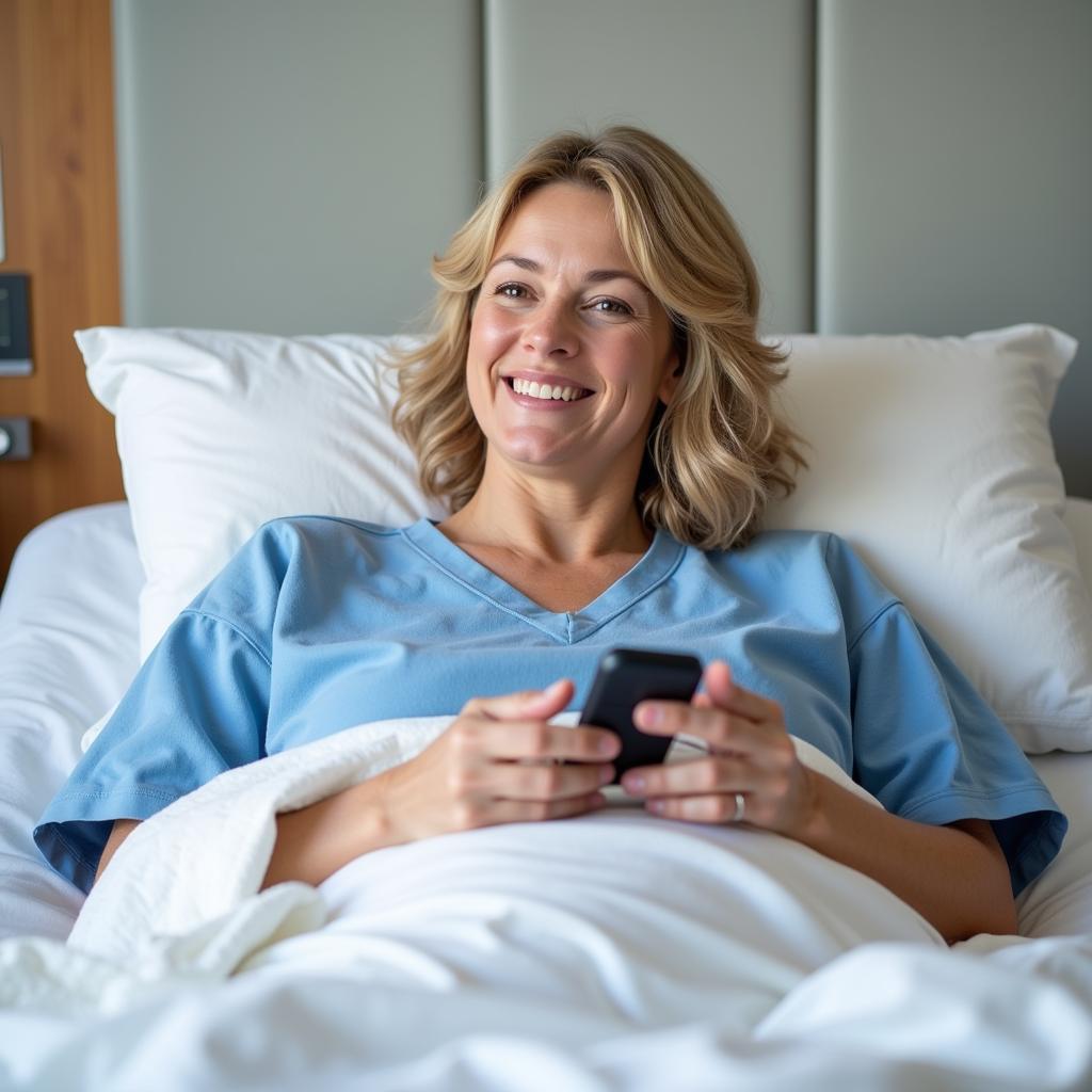 Smiling patient using the remote control to adjust their hospital bed