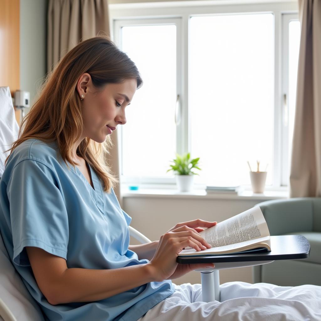 Patient Comfortably Using a Hospital Bed Table