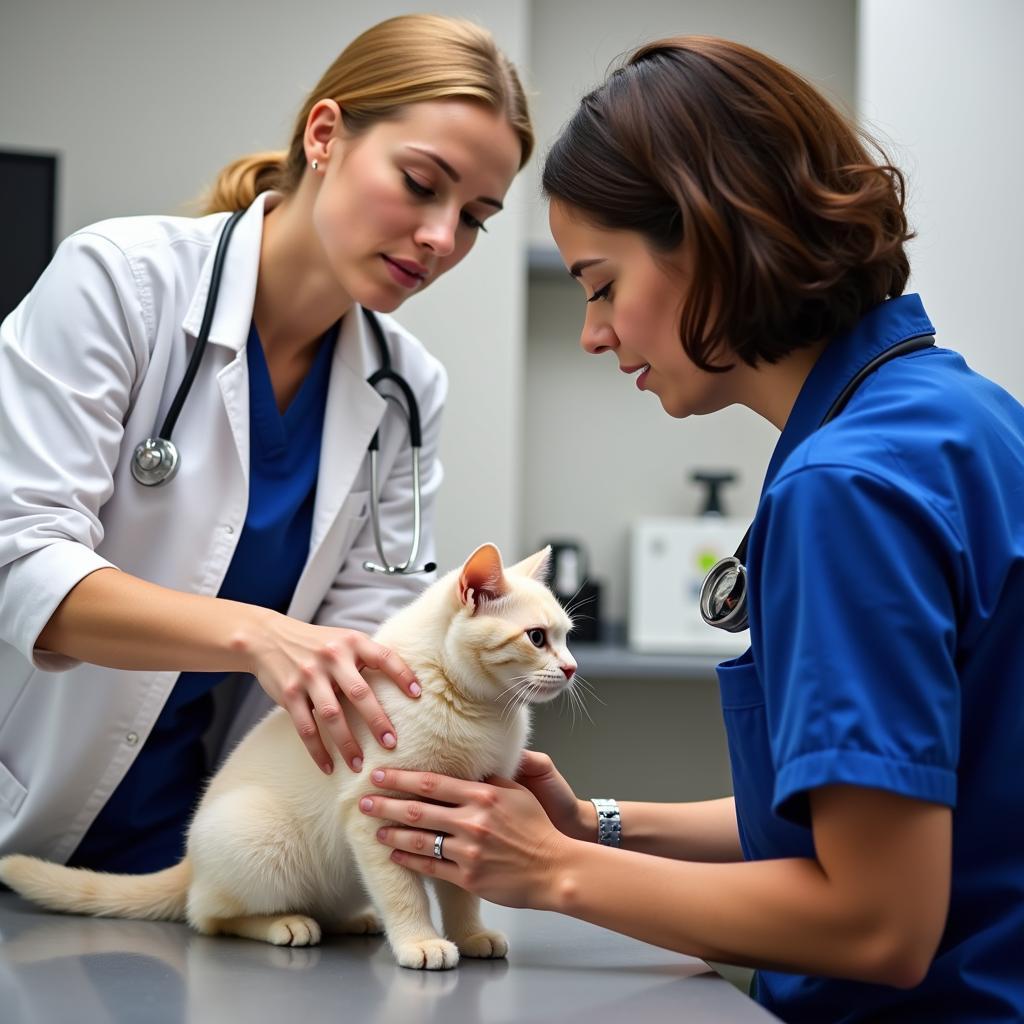 Compassionate veterinary team at Paw Haven Animal Hospital caring for a cat