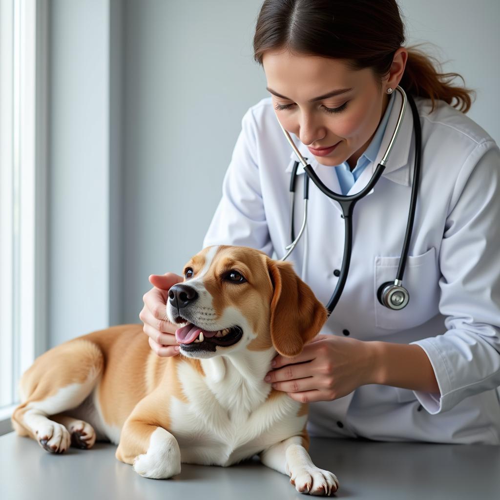 Veterinarian examining a dog at Paw Haven Animal Hospital