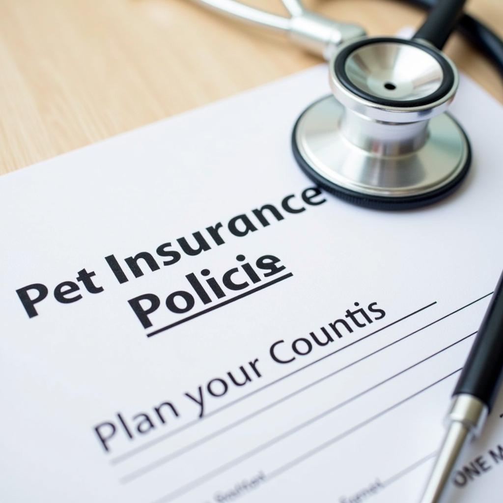 Pet insurance policy documents and a stethoscope