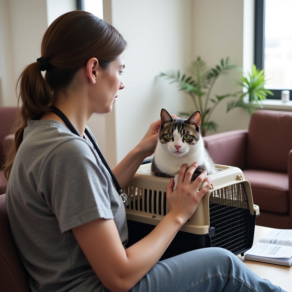 Pet owner comforting their cat in the waiting room of a veterinary hospital