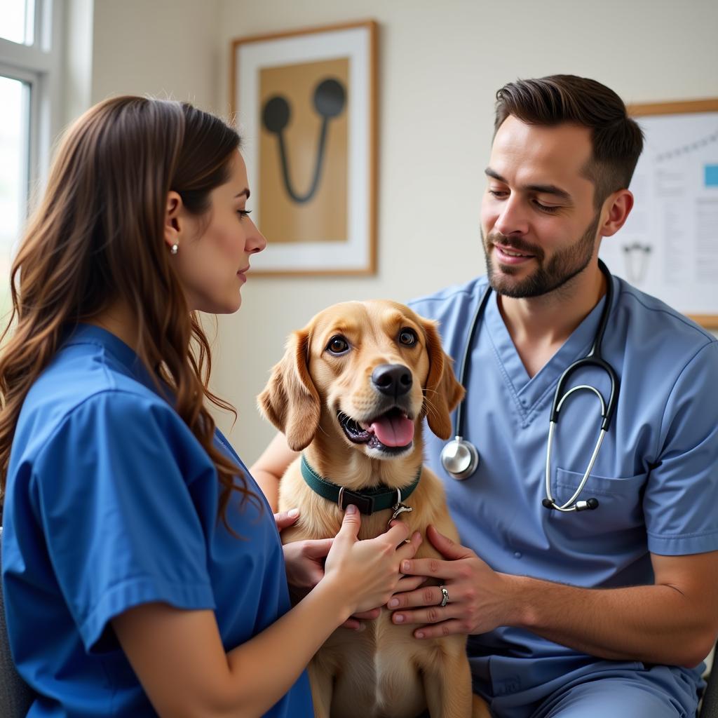 Pet Owner Discussing Pet's Health with a Veterinarian in Okemos