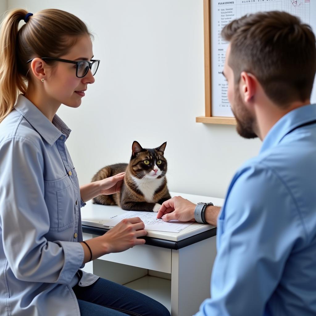 Pet owner talking to veterinarian