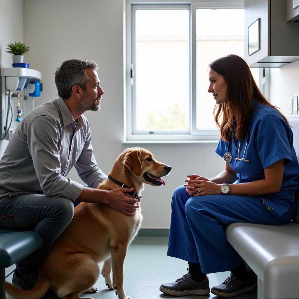 Pet owner discussing their pet's health with a veterinarian in a bright and modern exam room