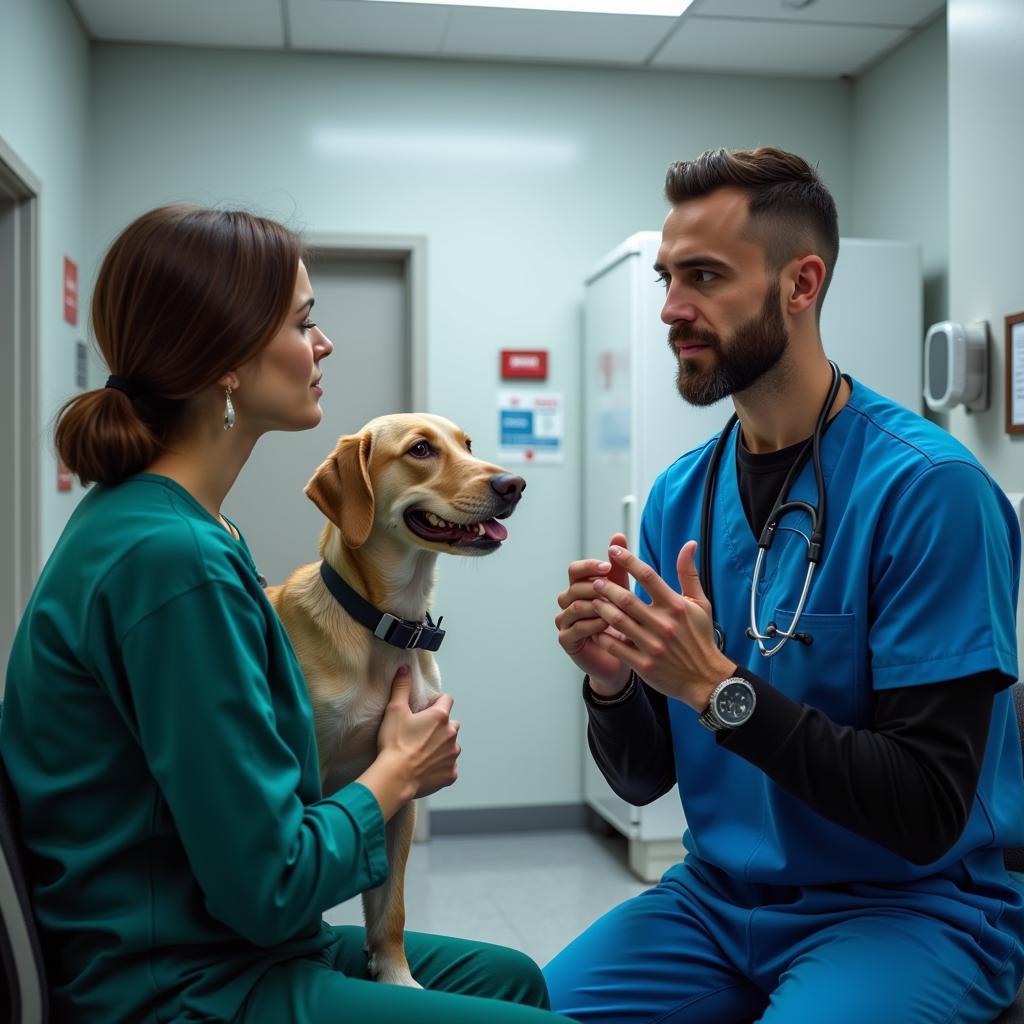 Pet Owner Talking to Veterinarian in Emergency Room