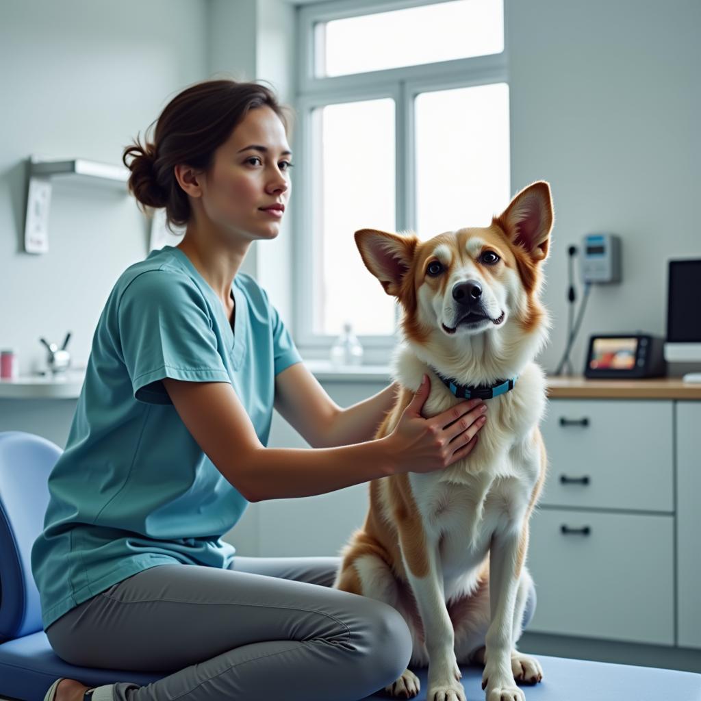 Pet Owner with Dog at Vet - A pet owner comforting their dog in a veterinary examination room.