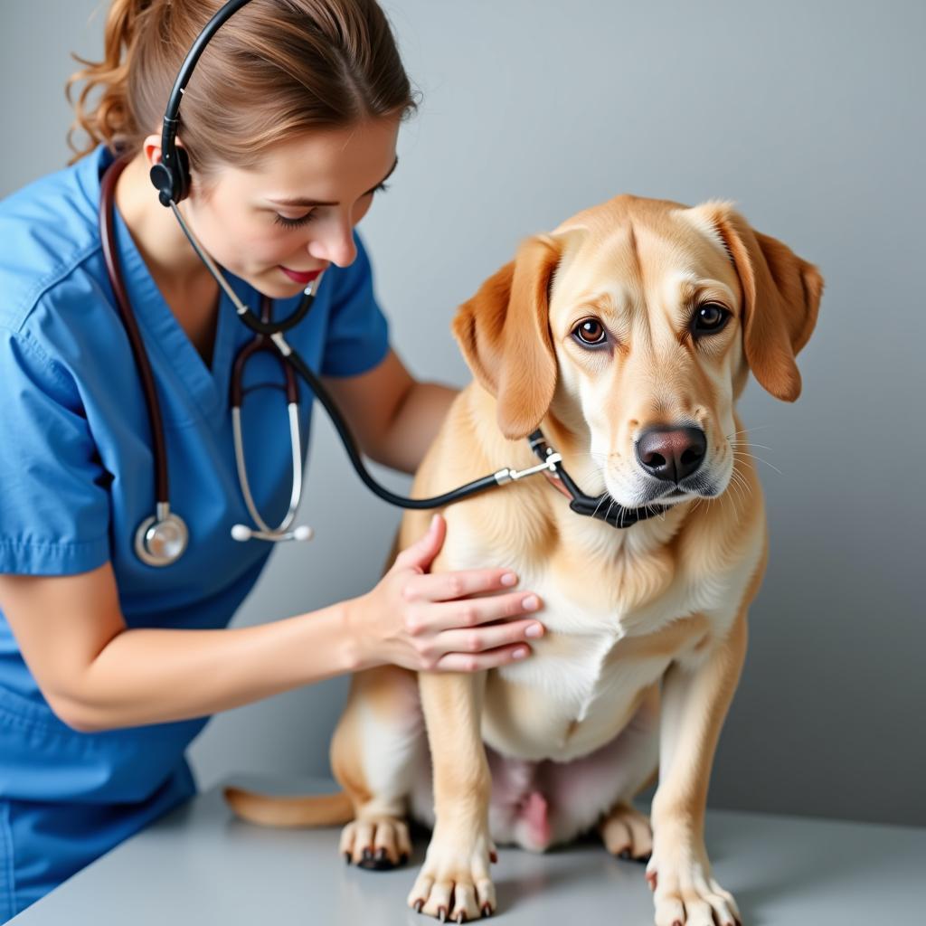 Veterinarian performing a preventative care examination on a dog