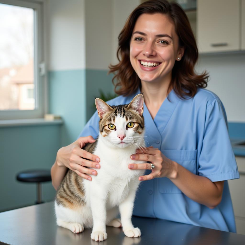 A veterinarian interacting with a cat in a Port Hueneme veterinary clinic.