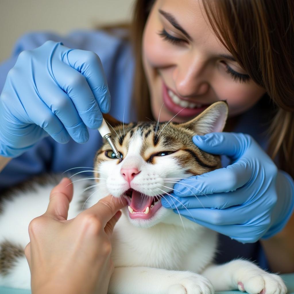 Veterinary technician performing dental care on a cat at Prickly Pear Veterinary Hospital.