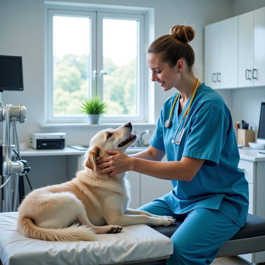 Veterinarian examining a dog in a modern exam room