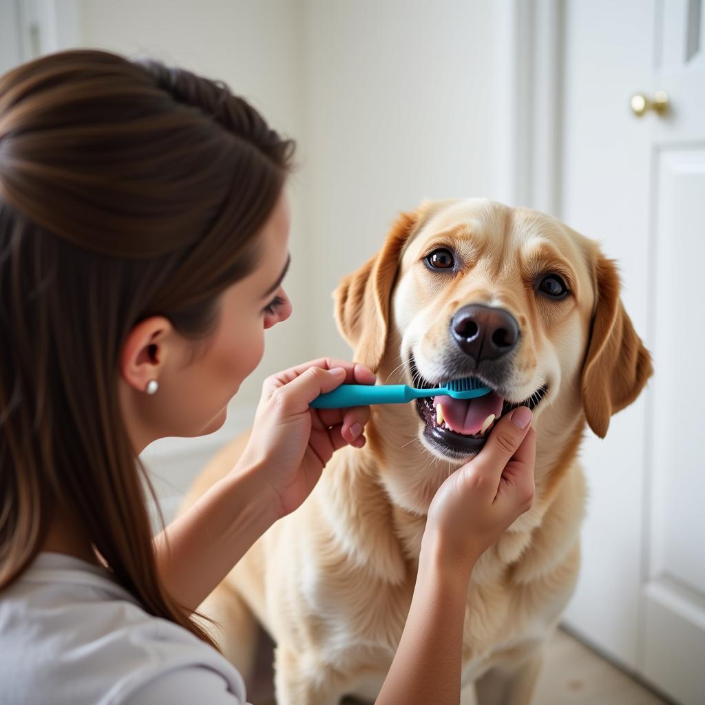 Taking proactive steps to ensure your pet's well-being.  This image showcases a pet owner brushing their dog's teeth, highlighting the importance of regular at-home care and preventative measures.