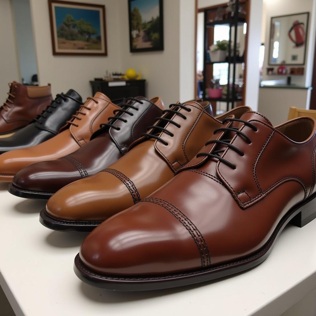 Display of beautifully repaired shoes in a Sugar Land shoe hospital