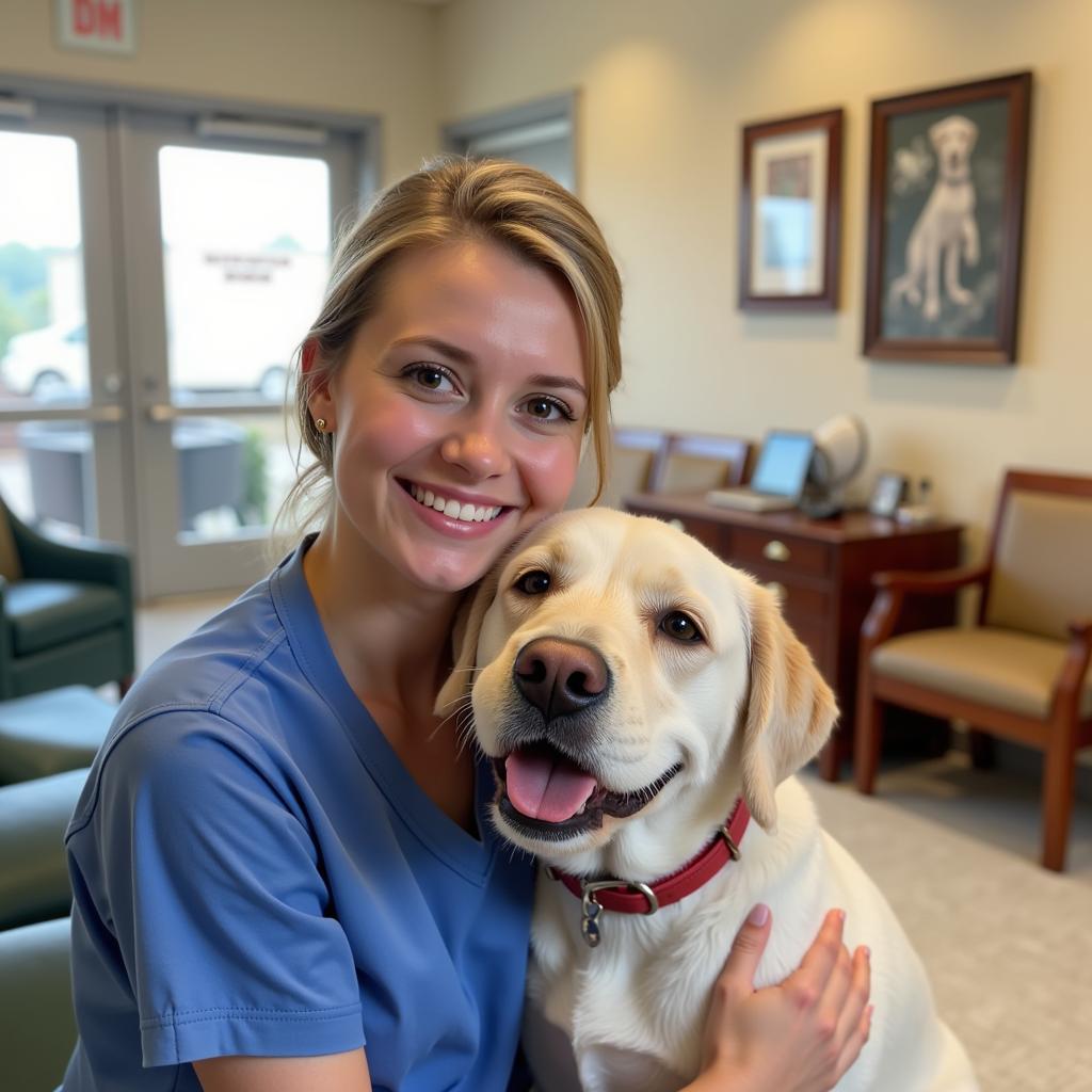 Happy pet owner with their healthy dog at Riverdale Animal Hospital