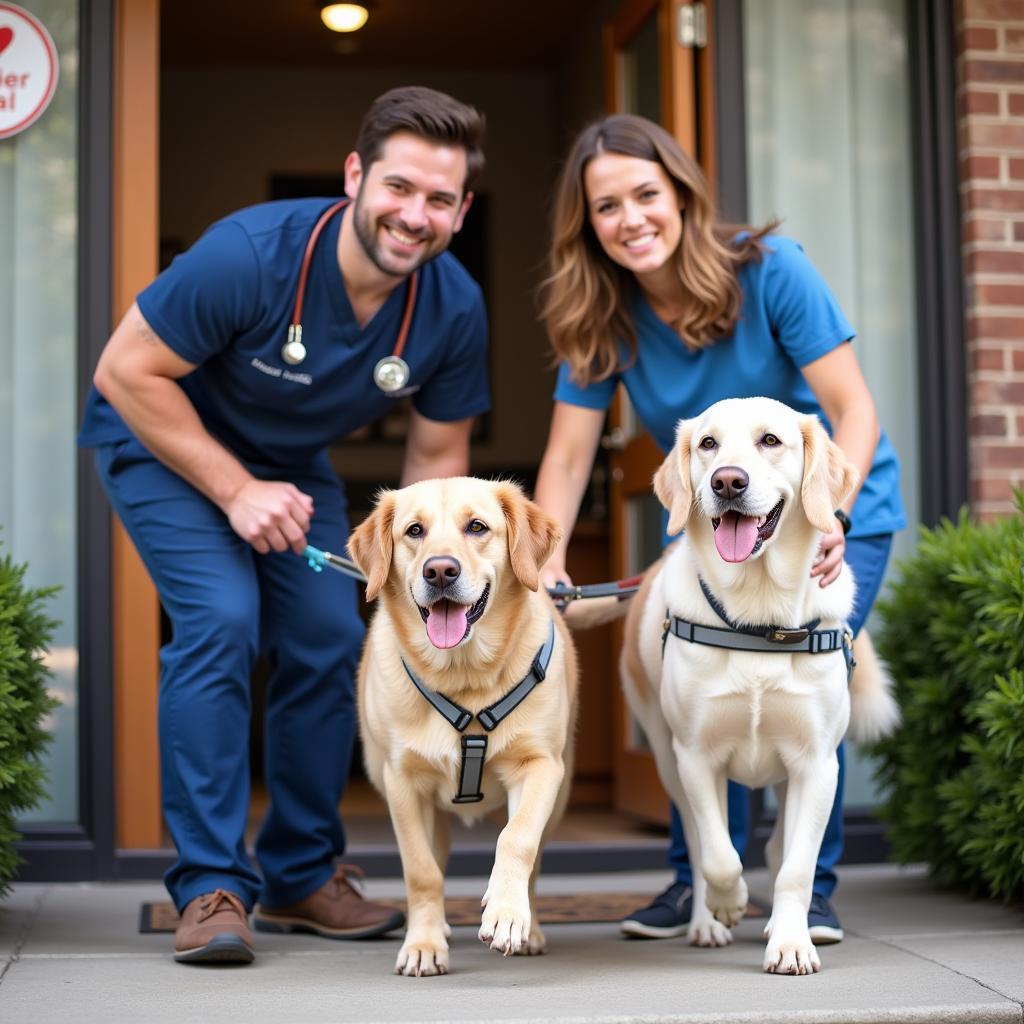 Happy pet and owner leaving Roselle Animal Hospital