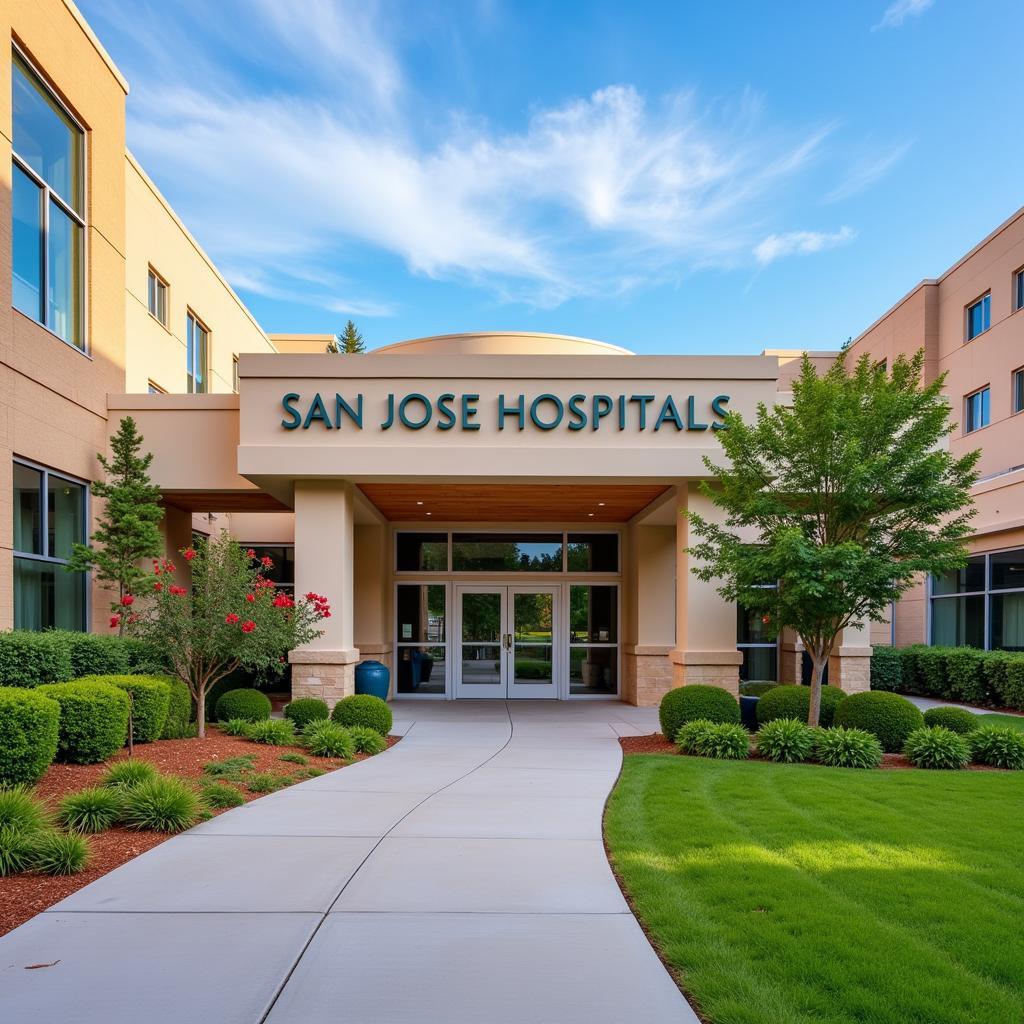 Exterior view of San Jose Hospital in Santa Rosalia with lush landscaping