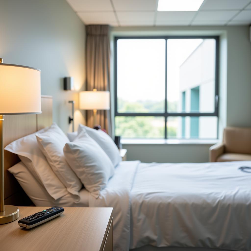 Spacious patient room at San Jose Hospital featuring a hospital bed with remote control