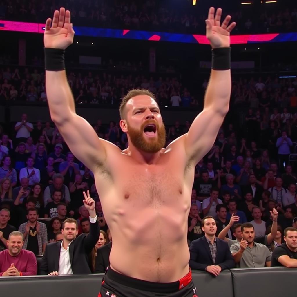 Sheamus celebrating a victory in the wrestling ring.