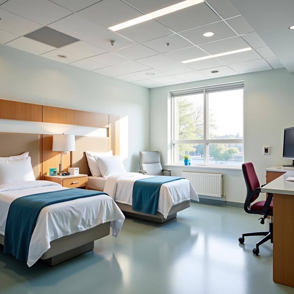 Comfortable and modern patient room at St. Joseph Hospital.