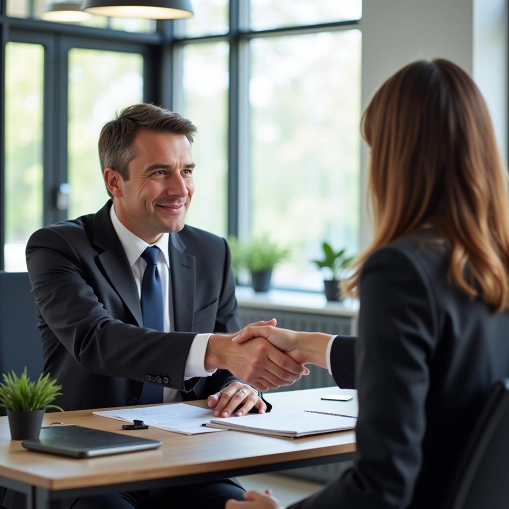 Two professionals shaking hands across a table in a positive and professional setting.