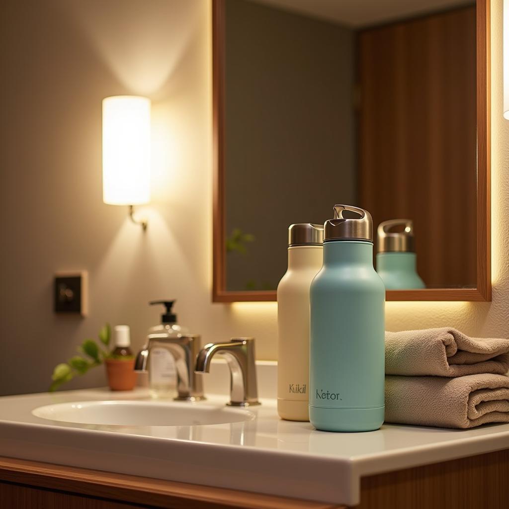 Sustainable hotel amenities and eco-friendly practices: reusable water bottles, organic toiletries, and energy-efficient lighting.