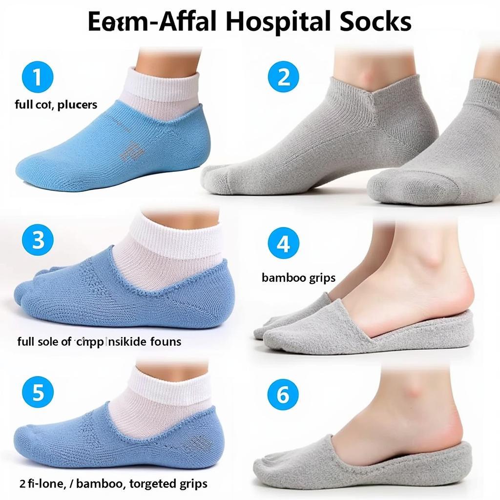 Variety of non slip hospital socks displaying different grip patterns and materials