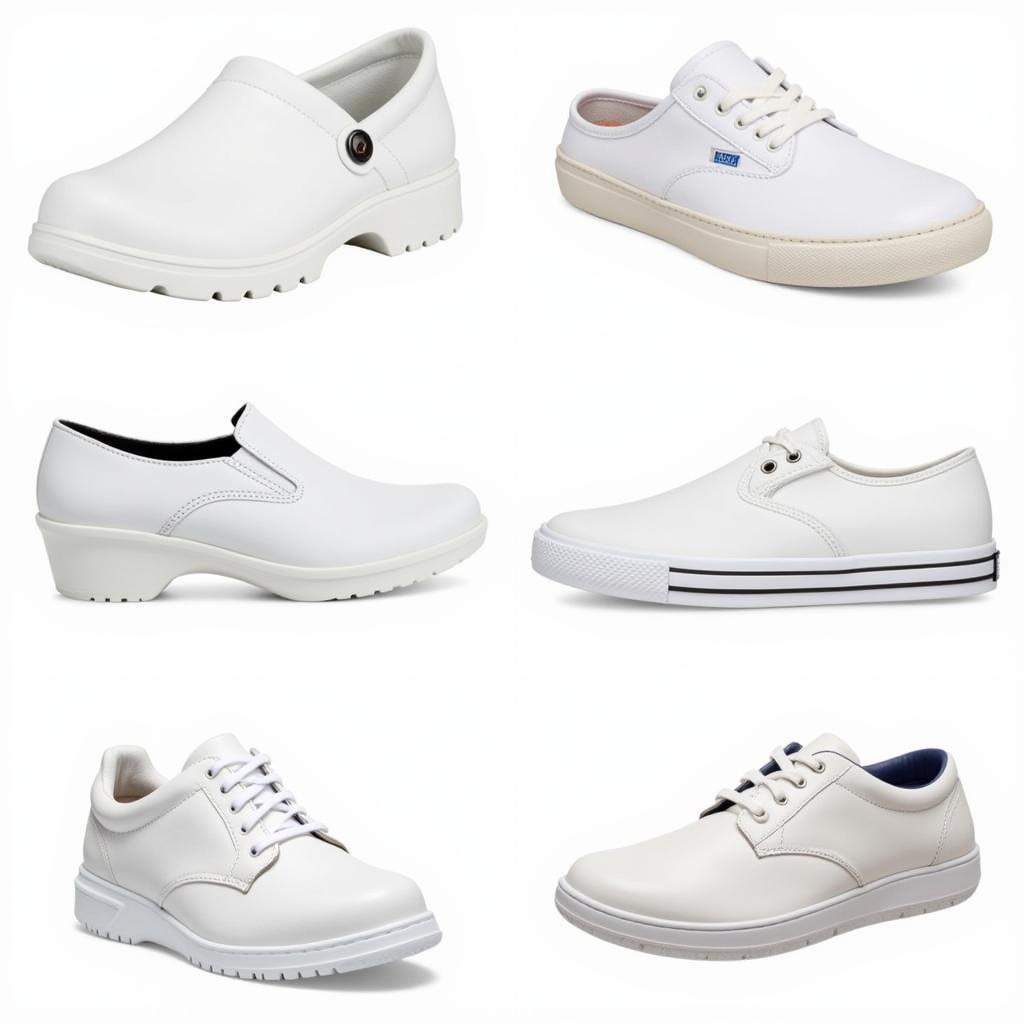 Different types of white hospital shoes: clogs, sneakers, and leather