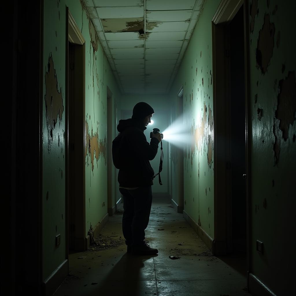 An urban explorer taking photographs inside an abandoned hospital in Miami, using a flashlight to illuminate the dark corridors.