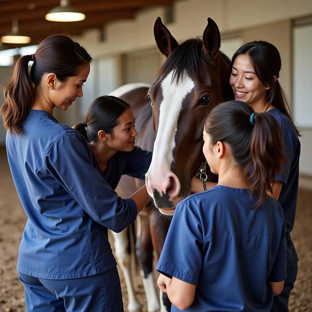 Equine hospital team providing care to a horse.