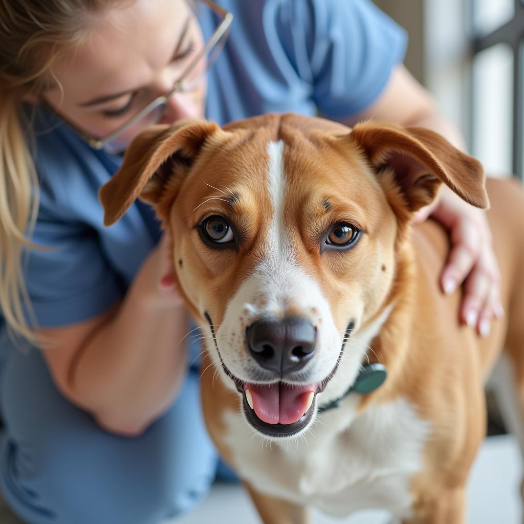 Veterinarian conducting a thorough physical examination on a dog.