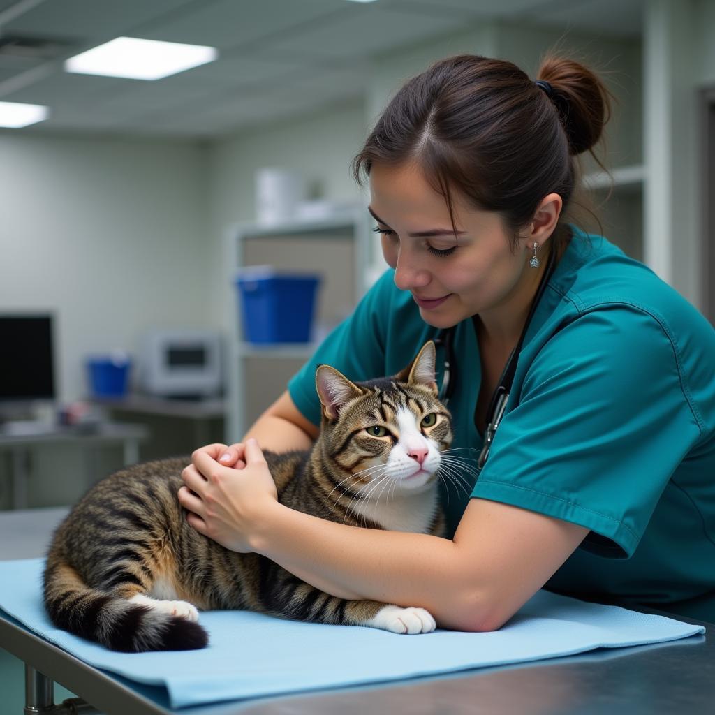 Veterinary Technician Comforting a Cat in an Emergency Room