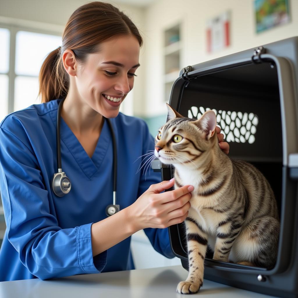 Veterinary technician comforting a cat in a carrier.