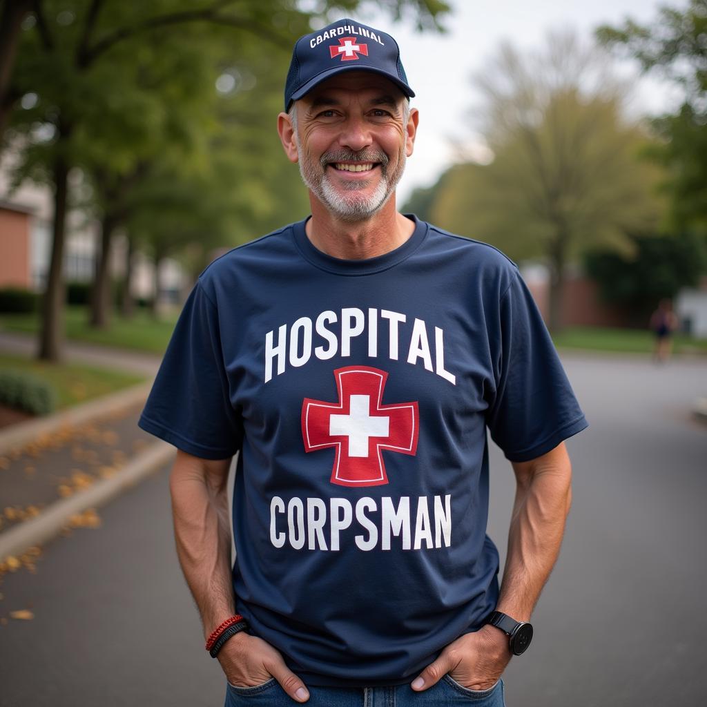 Veteran Wearing Hospital Corpsman T-Shirt