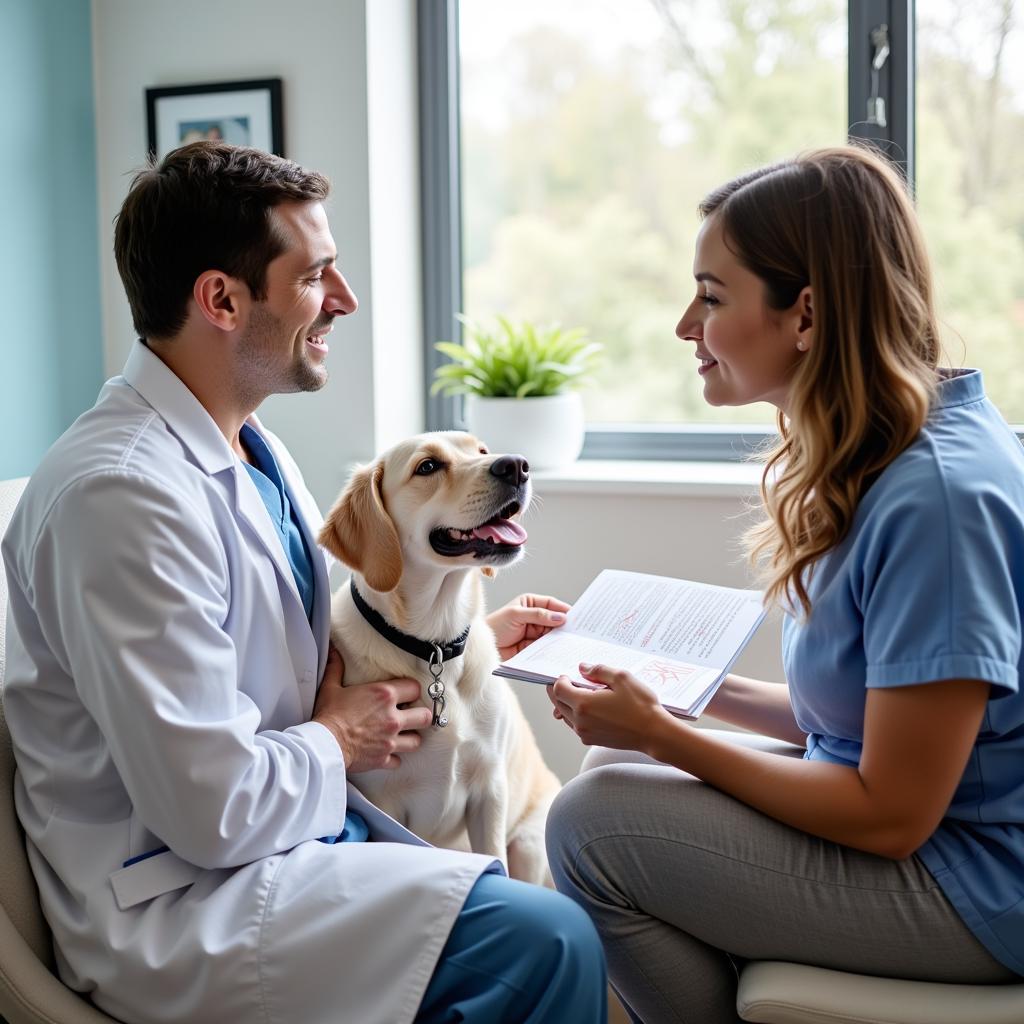 Veterinarian consulting with a pet owner about their dog's health