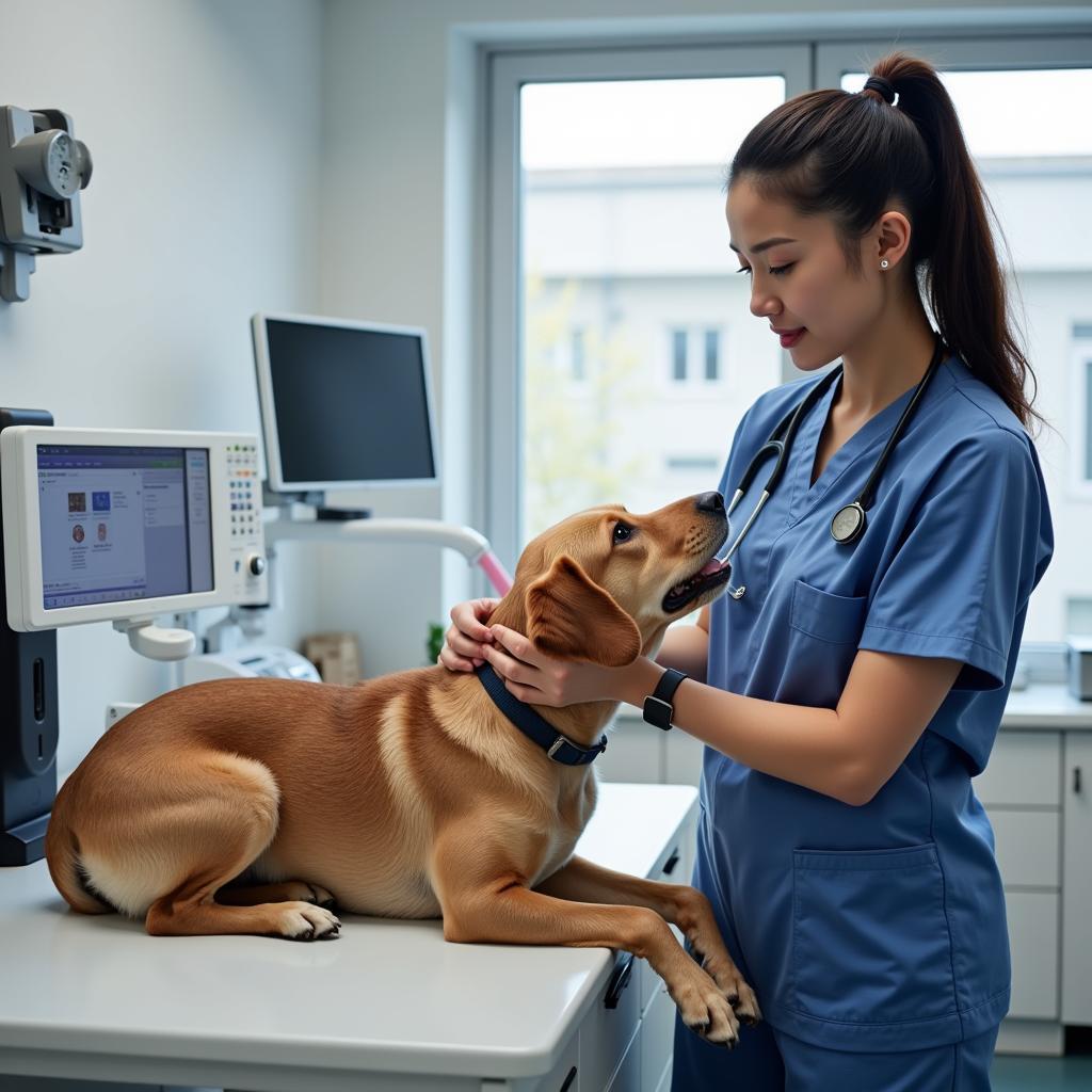 Veterinarian examining a dog in a modern clinic