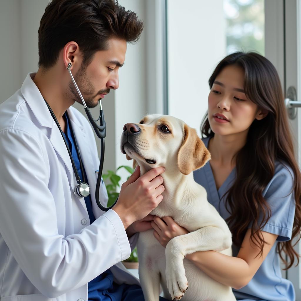 Veterinarian conducting a thorough examination of a dog