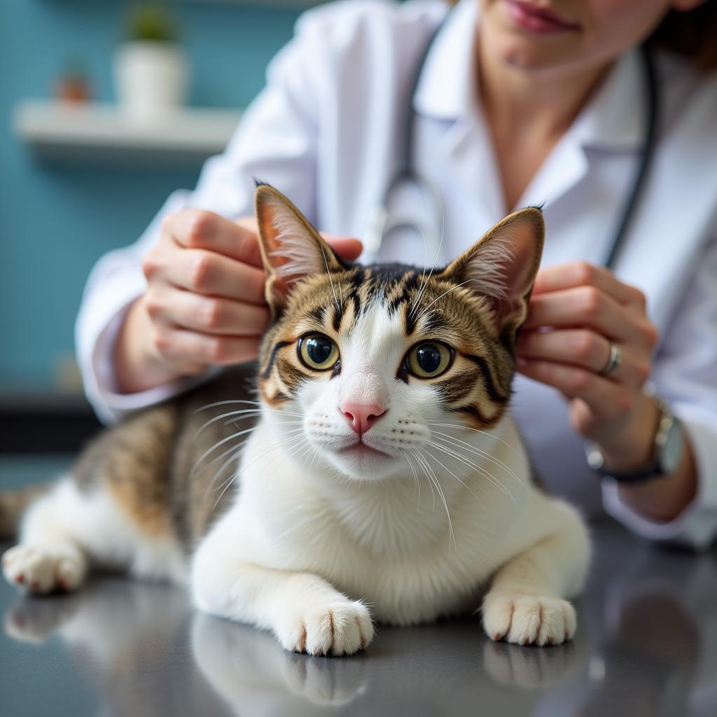 Veterinarian conducting a routine checkup on a cat at a Saratoga Springs veterinary hospital