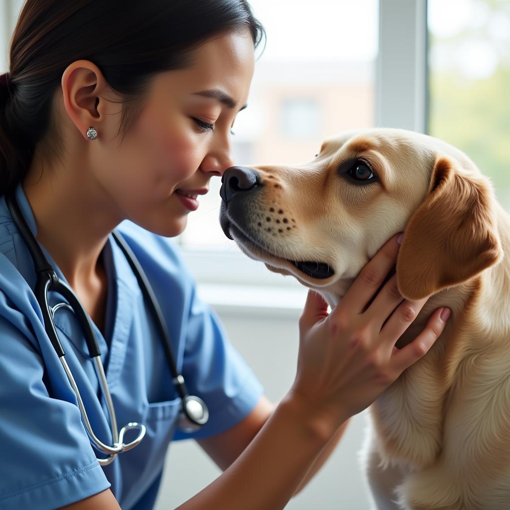 Veterinarian gently examining a dog in Byron Center