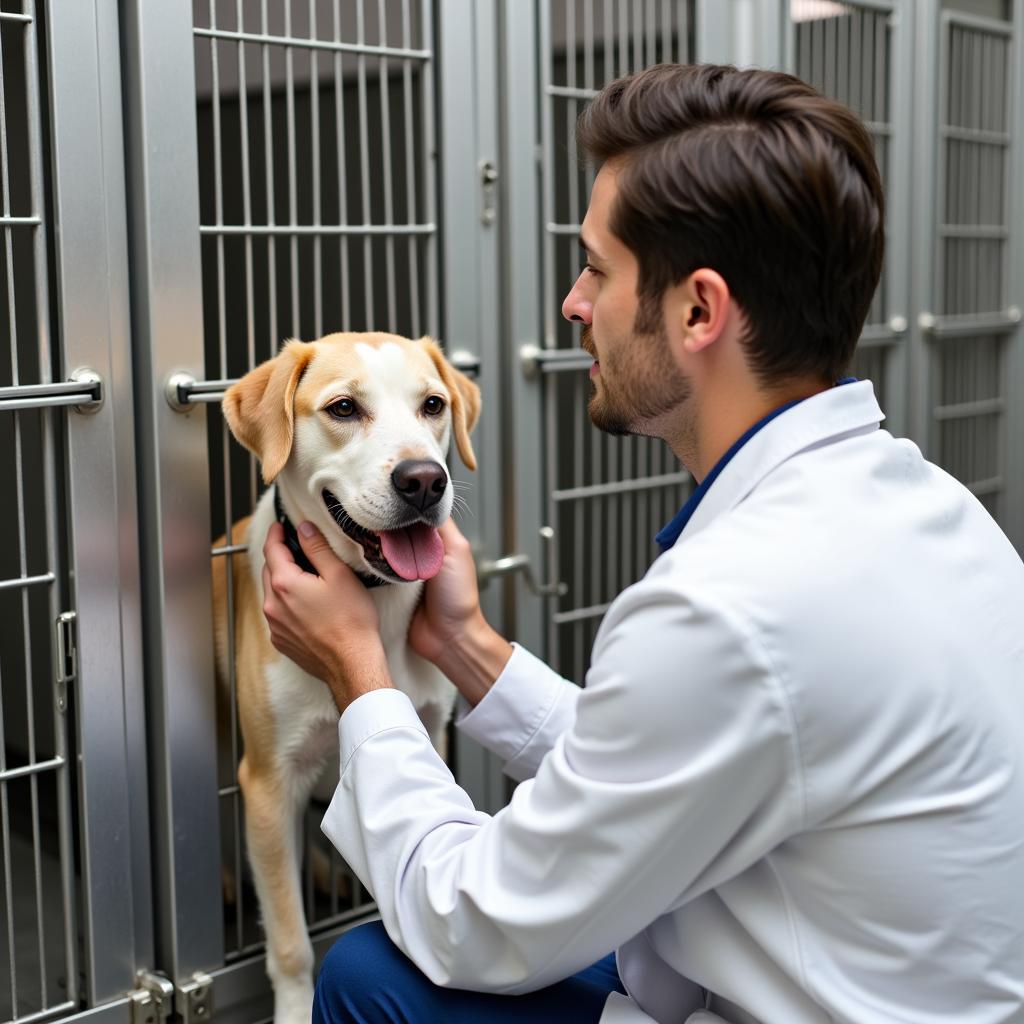 Veterinarian providing on-site care for boarded dog